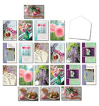 Large assortment of religious greeting cards featuring diverse floral designs for various occasions like birthday, sympathy, get well, and thank you, including envelopes.