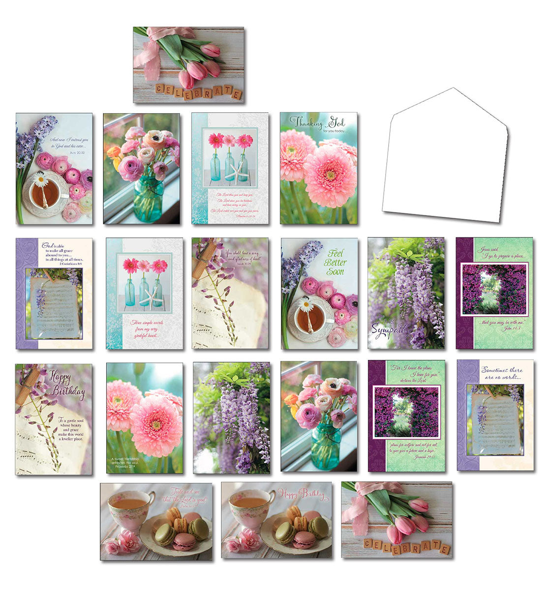 Large assortment of religious greeting cards featuring diverse floral designs for various occasions like birthday, sympathy, get well, and thank you, including envelopes.