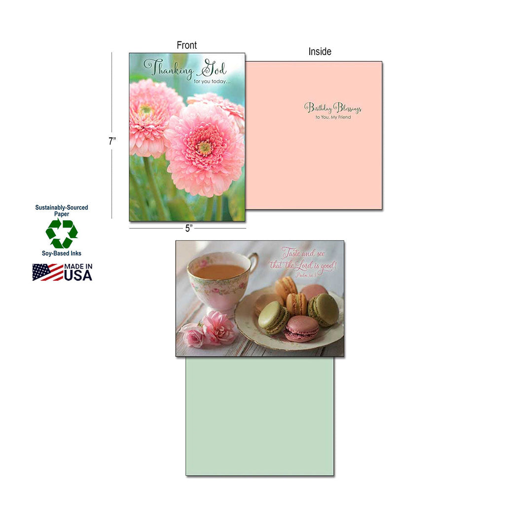 Close-up of a 'Thanking God' greeting card with pink gerbera daisies, showing inside message, product dimensions, and sustainability certifications like Soy-Based Inks and Made in USA.