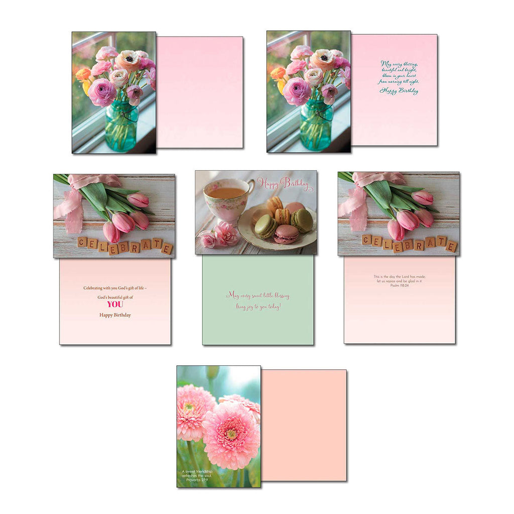 Collection of Leanin' Tree greeting cards displaying fronts and interiors for occasions like Happy Birthday and Celebrate, featuring floral arrangements and inspirational scripture.