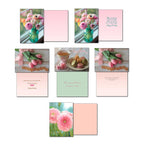 Collection of Leanin' Tree greeting cards displaying fronts and interiors for occasions like Happy Birthday and Celebrate, featuring floral arrangements and inspirational scripture.