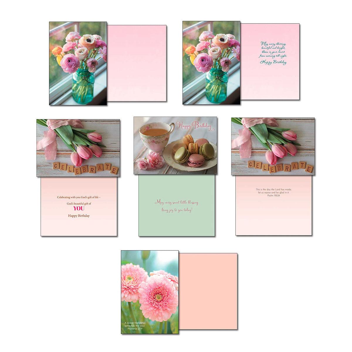 Collection of Leanin' Tree greeting cards displaying fronts and interiors for occasions like Happy Birthday and Celebrate, featuring floral arrangements and inspirational scripture.