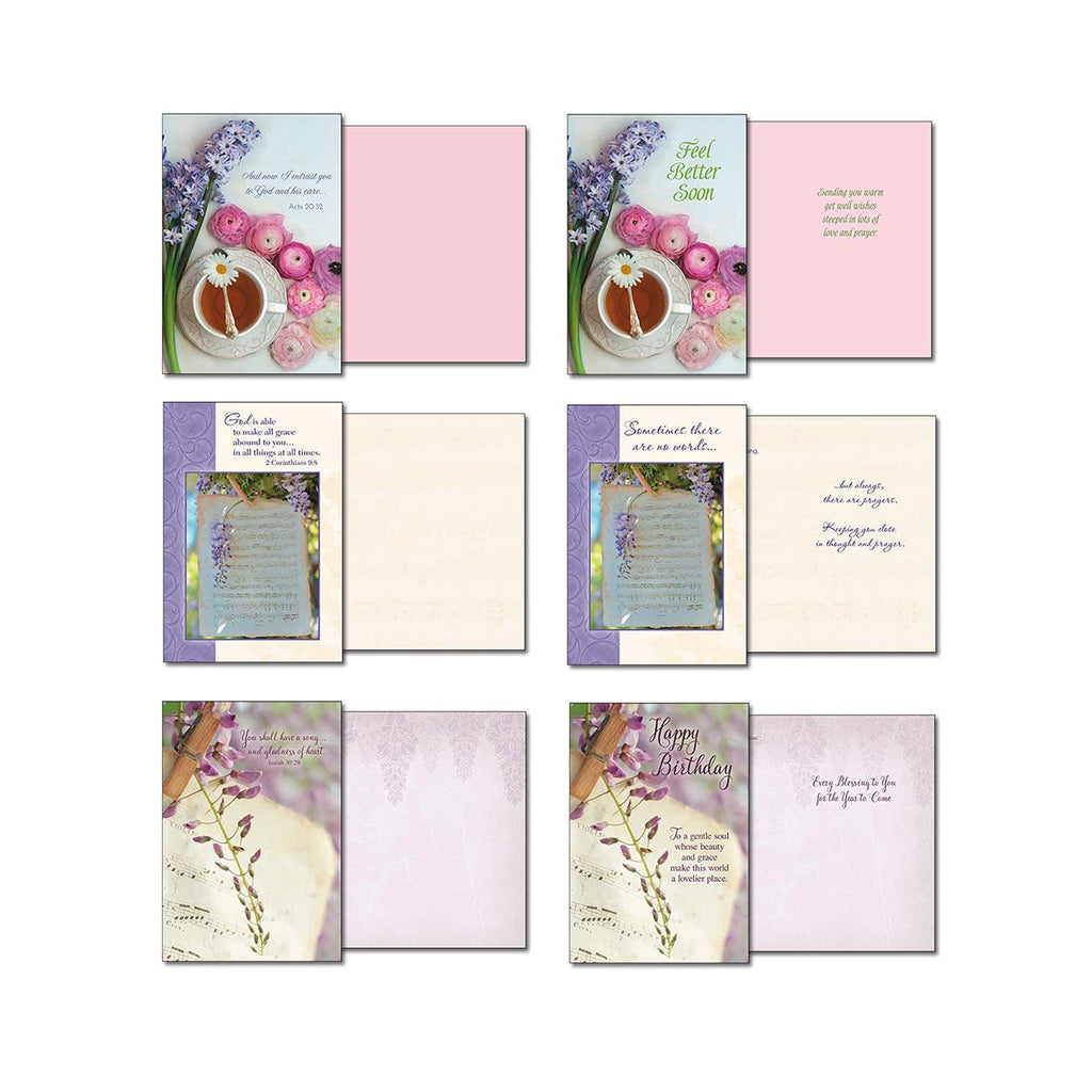 Variety of Leanin' Tree religious greeting cards open to show scripture and messages for get well, sympathy, and birthday wishes, with serene nature and tea motifs.