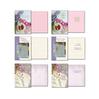 Variety of Leanin' Tree religious greeting cards open to show scripture and messages for get well, sympathy, and birthday wishes, with serene nature and tea motifs.