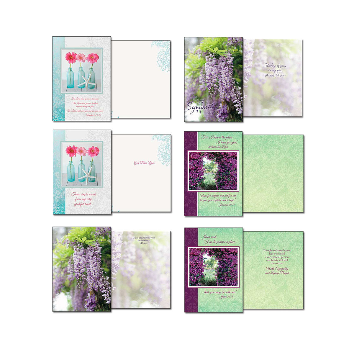 Diverse selection of Christian greeting cards with messages like 'Sympathy' and 'God Bless You,' showcasing floral designs including pink flowers in blue bottles and purple wisteria.