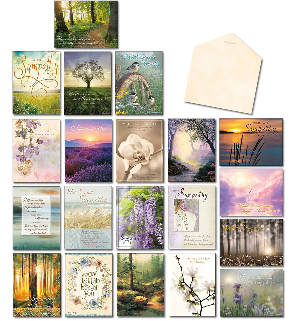 Large overview of a 20-card Leanin' Tree sympathy assortment with various nature-themed designs including forests, flowers, sunsets, and a blank envelope.