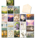 Large overview of a 20-card Leanin' Tree sympathy assortment with various nature-themed designs including forests, flowers, sunsets, and a blank envelope.
