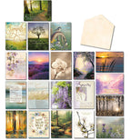 Large overview of a 20-card Leanin' Tree sympathy assortment with various nature-themed designs including forests, flowers, sunsets, and a blank envelope.