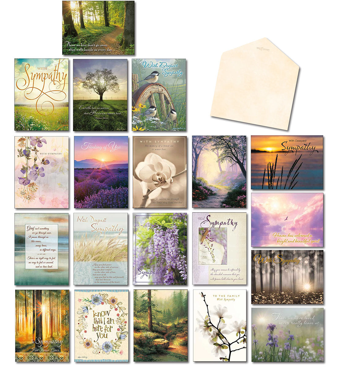 Large overview of a 20-card Leanin' Tree sympathy assortment with various nature-themed designs including forests, flowers, sunsets, and a blank envelope.