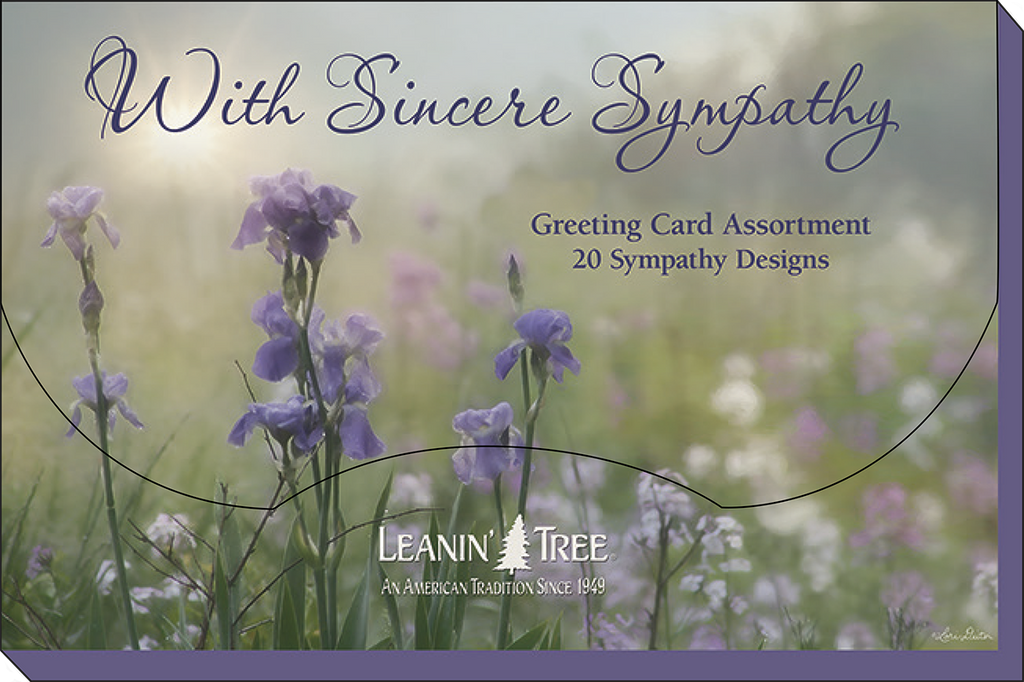 Close-up of the Leanin' Tree 'With Sincere Sympathy' greeting card assortment box, featuring purple irises and the brand logo, indicating 20 sympathy designs.