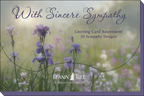 Close-up of the Leanin' Tree 'With Sincere Sympathy' greeting card assortment box, featuring purple irises and the brand logo, indicating 20 sympathy designs.