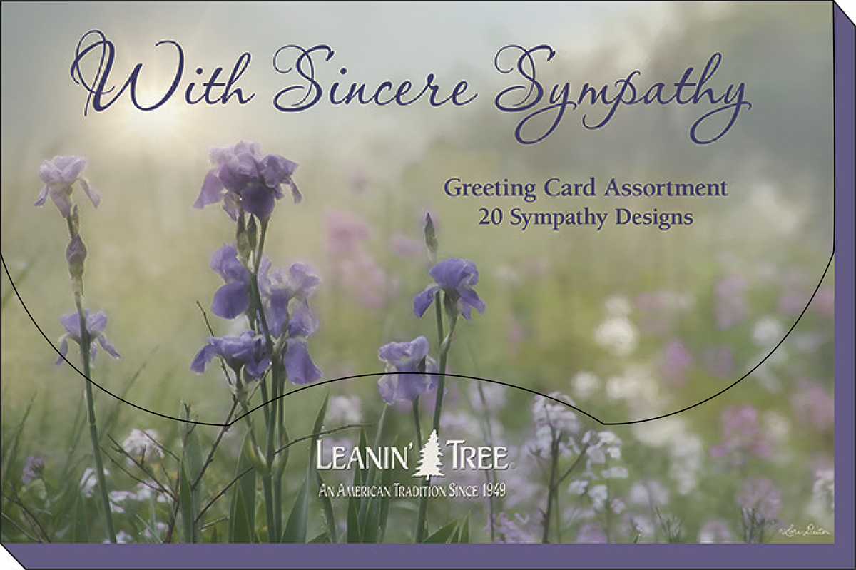 Close-up of the Leanin' Tree 'With Sincere Sympathy' greeting card assortment box, featuring purple irises and the brand logo, indicating 20 sympathy designs.