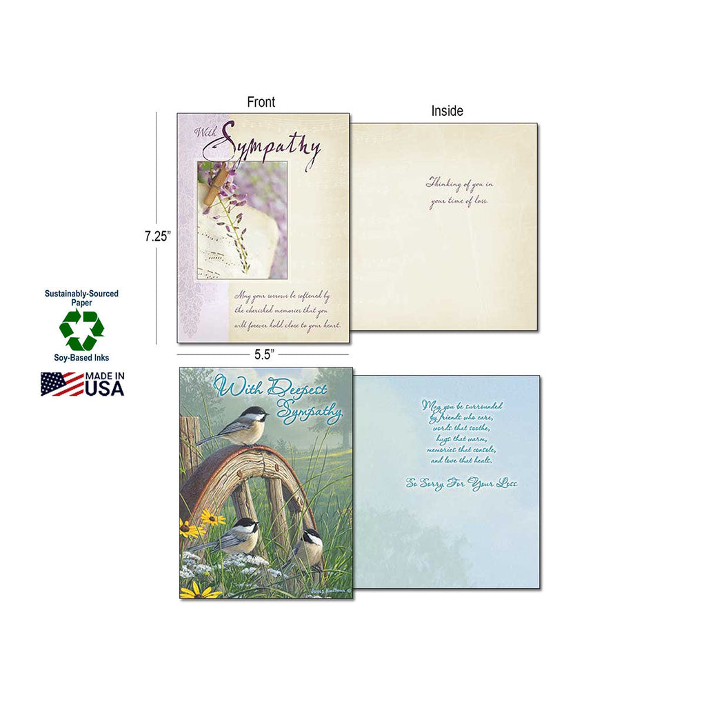 Two open sympathy cards showing front and inside messages: one with purple flowers and 'With Sympathy', the other with chickadees on a wagon wheel and 'With Deepest Sympathy'. Dimensions 7.25"x5.5", sustainably-sourced paper, Made in USA.