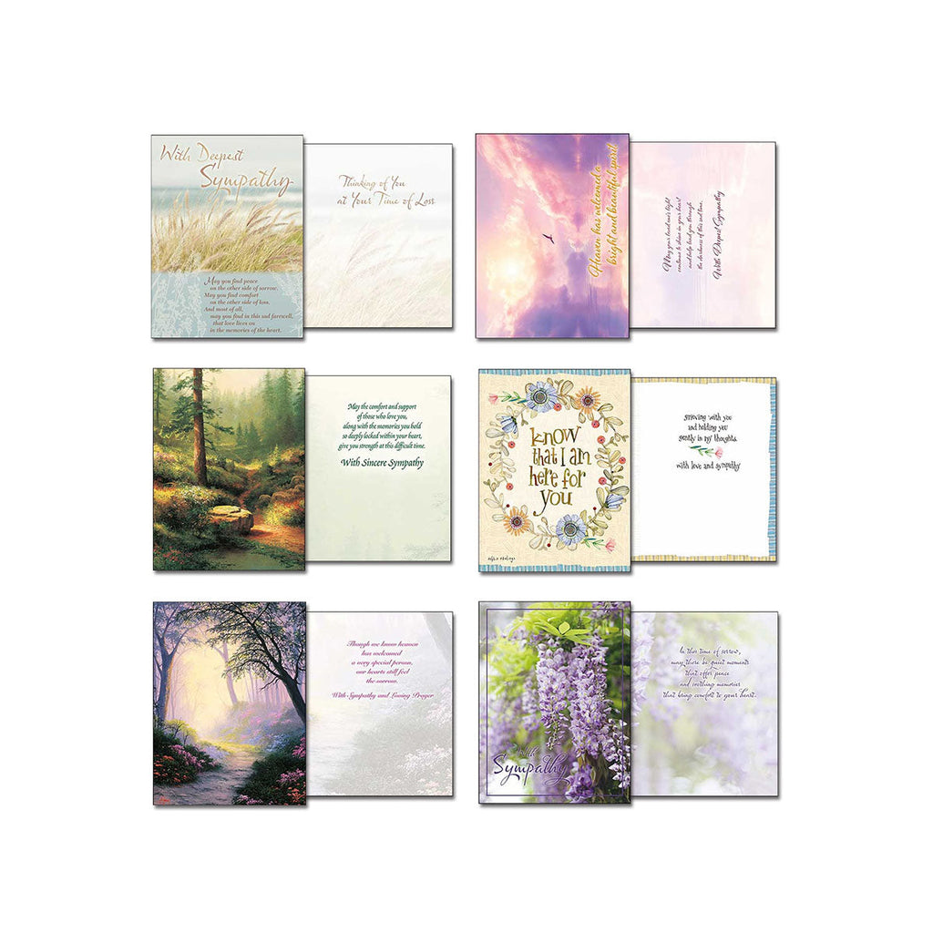 Grid display of six sympathy card designs, showing front and inside messages. Designs include landscapes, forests, and floral wreaths, all conveying condolences.