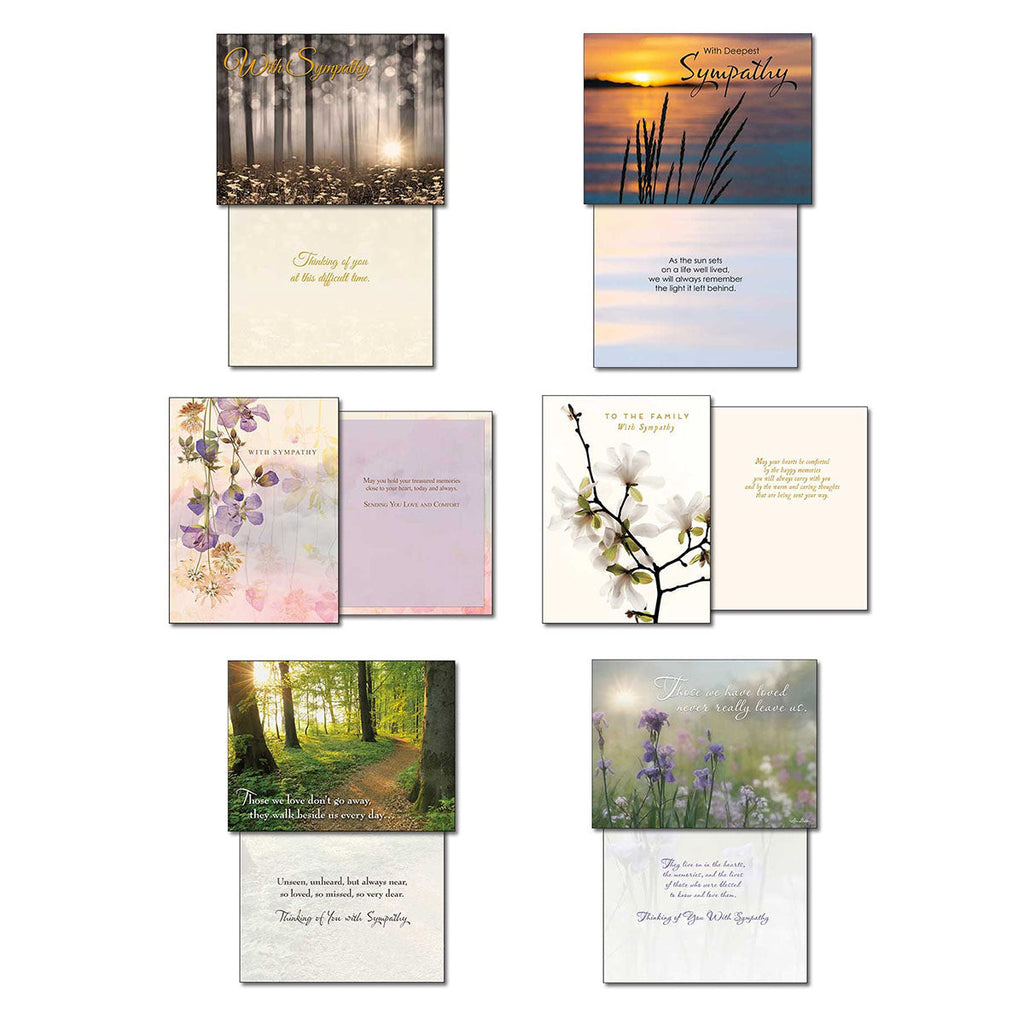 Grid display of six sympathy cards, open to show front and interior messages. Themes feature serene forests, sunsets, flowers, and gentle messages of remembrance.