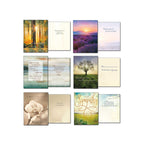 Grid display of six open sympathy cards showing front and inside messages, including scenic landscapes, lavender fields, and a solitary flower, all expressing comfort.