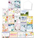 Full display of 20 assorted watercolor floral greeting cards for various occasions, including birthday, sympathy, thank you, and thinking of you, with one white envelope visible.