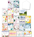 Full display of 20 assorted watercolor floral greeting cards for various occasions, including birthday, sympathy, thank you, and thinking of you, with one white envelope visible.