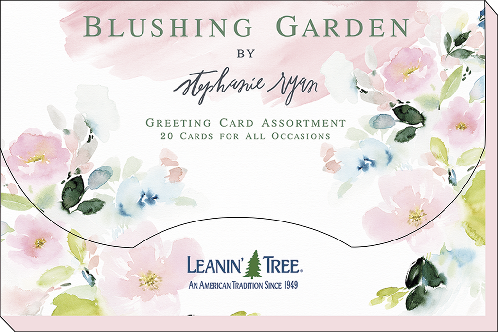 Front view of the 'Blushing Garden by Stephanie Ryan' greeting card assortment box, showing 20 cards for all occasions, with a decorative watercolor floral design and Leanin' Tree logo.