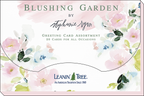 Front view of the 'Blushing Garden by Stephanie Ryan' greeting card assortment box, showing 20 cards for all occasions, with a decorative watercolor floral design and Leanin' Tree logo.