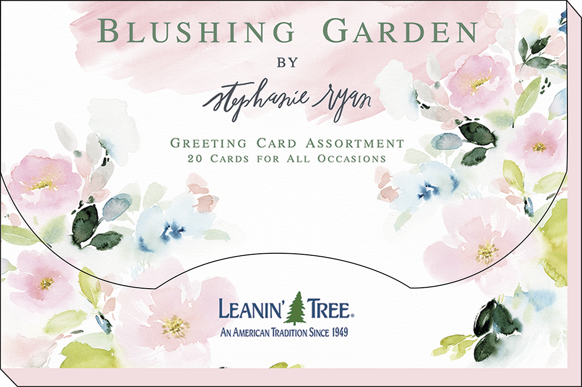 Front view of the 'Blushing Garden by Stephanie Ryan' greeting card assortment box, showing 20 cards for all occasions, with a decorative watercolor floral design and Leanin' Tree logo.