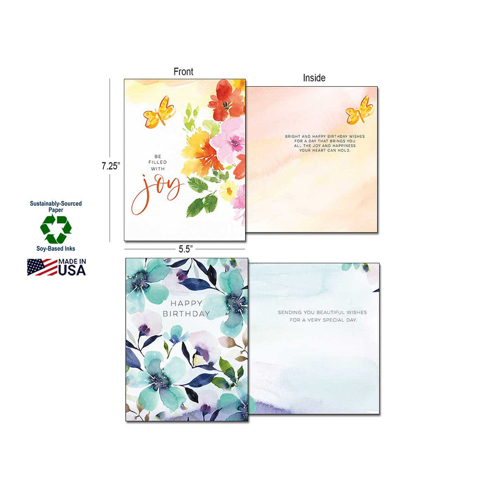 Close-up of two individual greeting cards: one 'Be Filled with Joy' floral card showing front and inside message, and one 'Happy Birthday' blue floral card showing front and inside message. Labels for 'Sustainably-Sourced Paper', 'Soy-Based Inks', and 'Made in USA' are also visible.