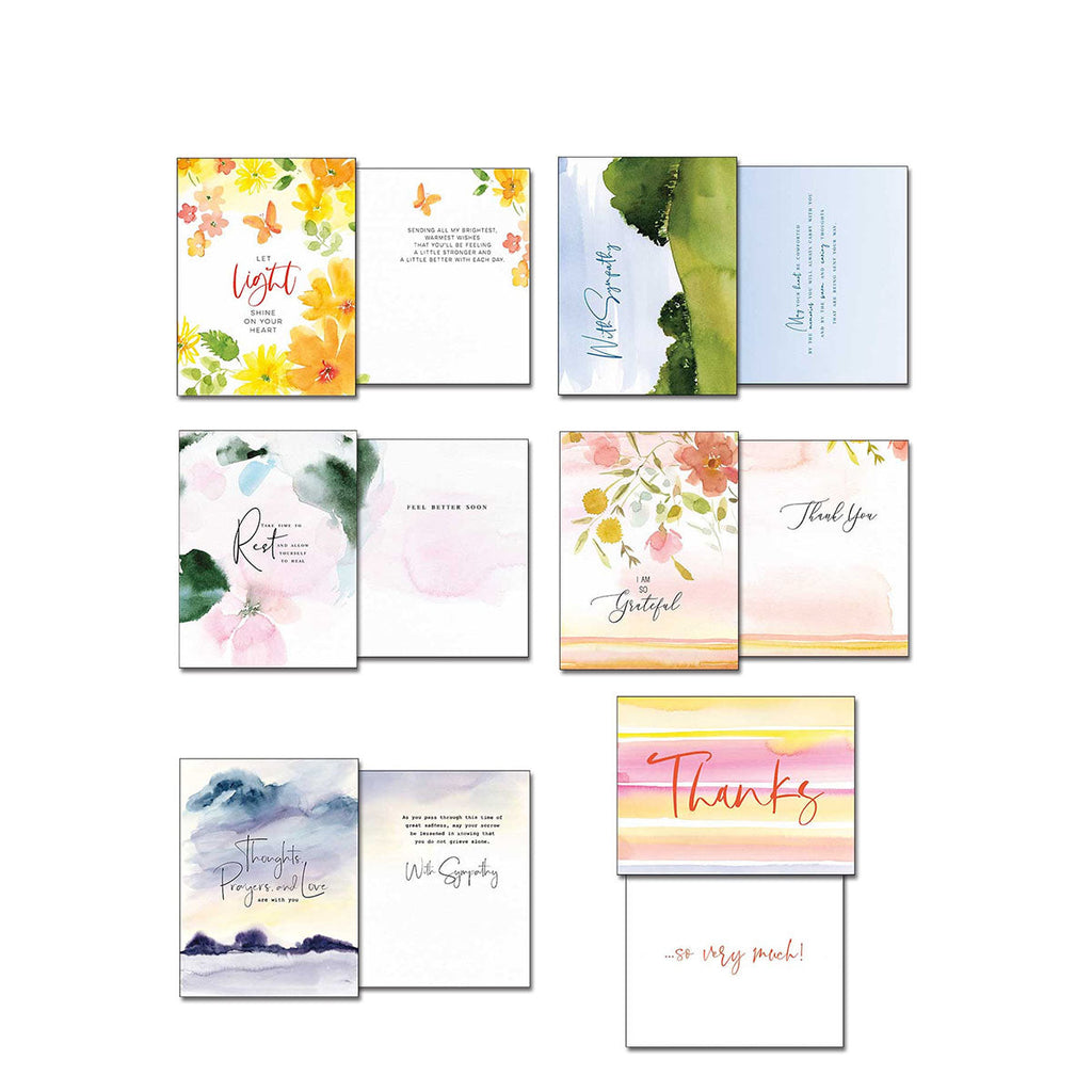 Display of six various watercolor greeting card fronts and their corresponding inside messages, including 'Let Light Shine', 'With Sympathy', 'Rest', 'I Am Grateful', 'Thoughts, Prayer and Love', and 'Thanks'.