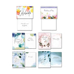 Display of six various watercolor greeting card fronts and their corresponding inside messages, including 'Celebrate', 'Thinking of You', 'Rise To Each Day', 'Have Faith', 'My Life', and 'Be Gentle With Yourself'.