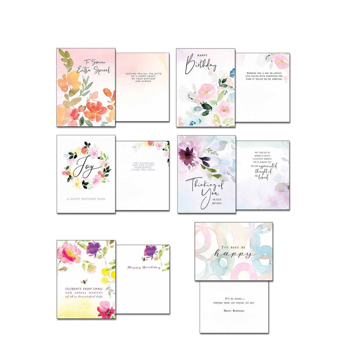 Display of six various watercolor greeting card fronts and their corresponding inside messages, including 'To Someone Extra Special', 'Happy Birthday', 'Joy', 'Thinking of You', 'Celebrate Every Small and Joyful Moment', and 'You Make Me Happy'.