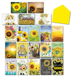 Vibrant sunflower greeting card assortment with 20 unique designs and a bright yellow envelope, perfect for all occasions. Features uplifting messages and beautiful floral artwork.