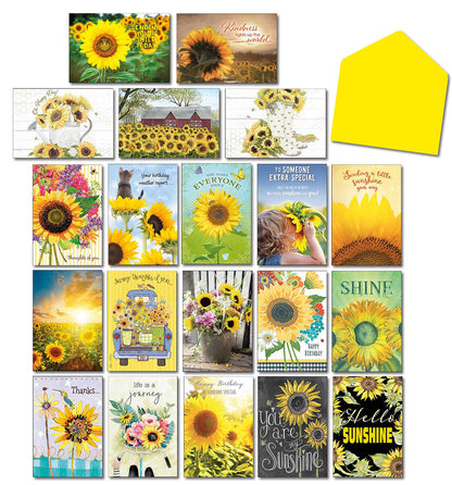 Overview of the 20 'Hello Sunshine' sunflower greeting cards with a yellow envelope, showing diverse cheerful designs.