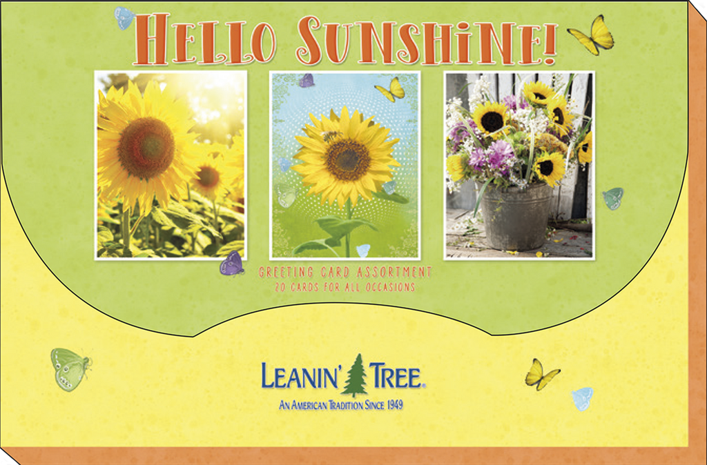 Back of a 'Hello Sunshine!' sunflower greeting card assortment box, showcasing three card designs and the 'Leanin' Tree' logo, indicating 20 cards for all occasions, surrounded by butterflies.