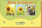 Back of a 'Hello Sunshine!' sunflower greeting card assortment box, showcasing three card designs and the 'Leanin' Tree' logo, indicating 20 cards for all occasions, surrounded by butterflies.
