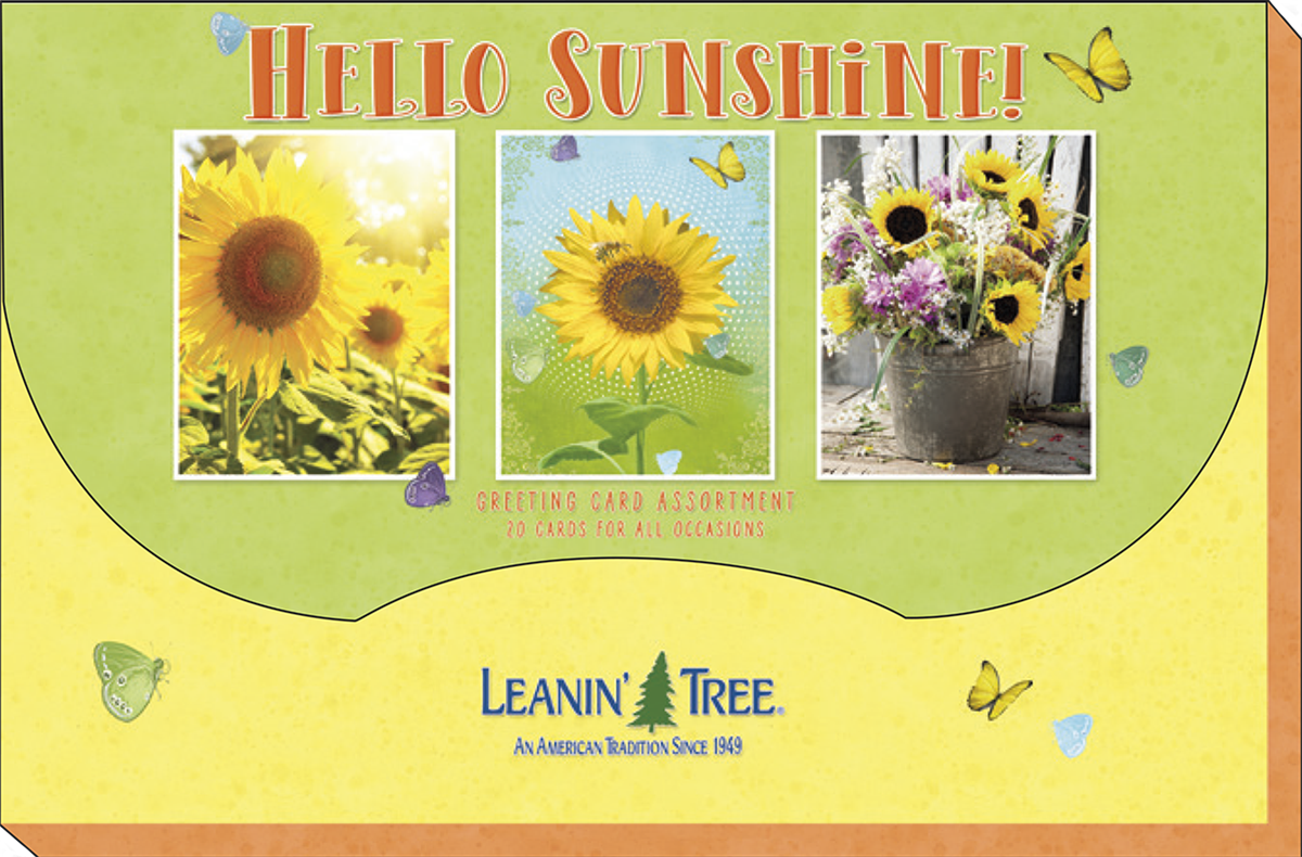 Back of a 'Hello Sunshine!' sunflower greeting card assortment box, showcasing three card designs and the 'Leanin' Tree' logo, indicating 20 cards for all occasions, surrounded by butterflies.