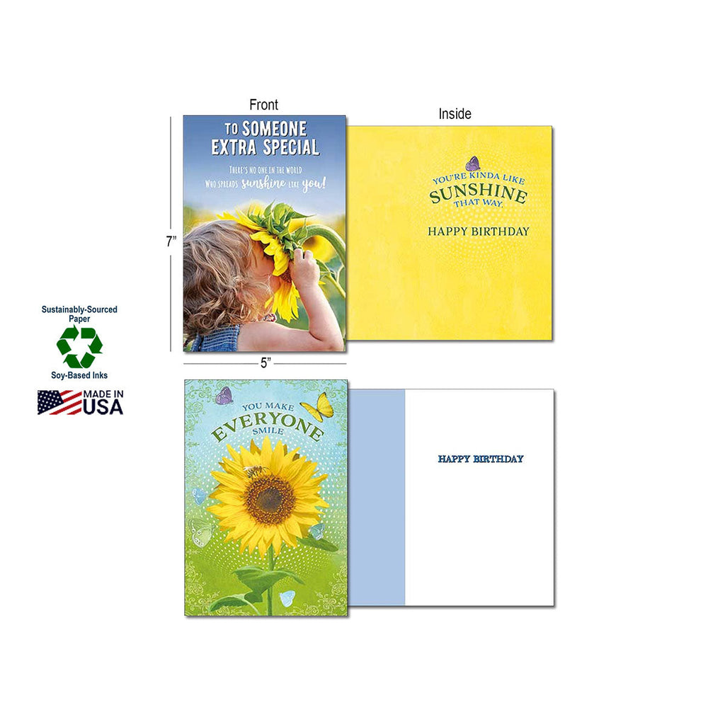 Two 5x7 inch open sunflower greeting cards: one featuring a child with a sunflower and 'To Someone Extra Special', and another with 'You Make Everyone Smile'. Product details highlight Sustainably-Sourced Paper, Soy-Based Inks, and Made in USA.