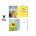 Two 5x7 inch open sunflower greeting cards: one featuring a child with a sunflower and 'To Someone Extra Special', and another with 'You Make Everyone Smile'. Product details highlight Sustainably-Sourced Paper, Soy-Based Inks, and Made in USA.