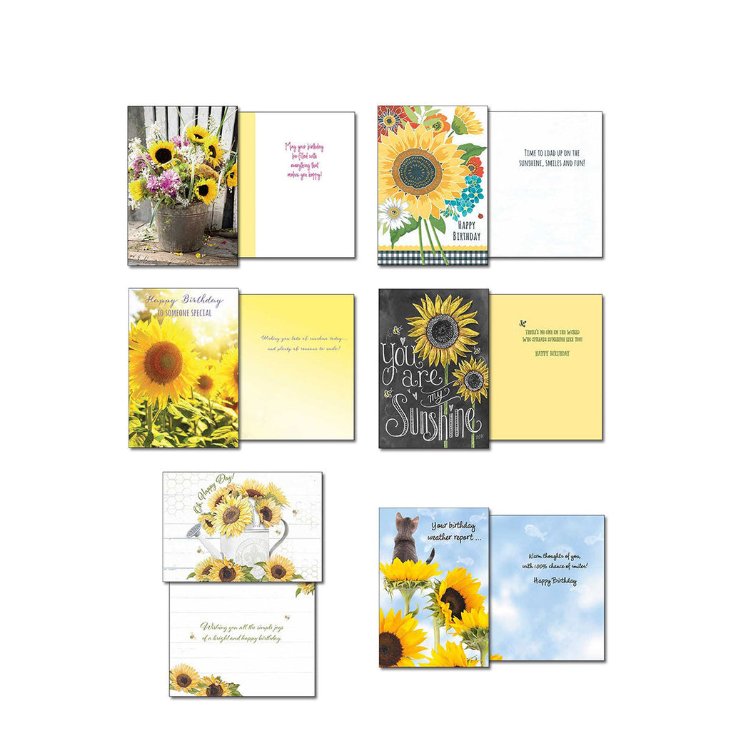 Collection of four open sunflower greeting cards, revealing both front designs and inside messages. Includes themes like 'Happy Birthday', colorful floral arrangements in a bucket, and a sunflower with gingham accents.