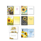 Collection of four open sunflower greeting cards, revealing both front designs and inside messages. Includes themes like 'Happy Birthday', colorful floral arrangements in a bucket, and a sunflower with gingham accents.