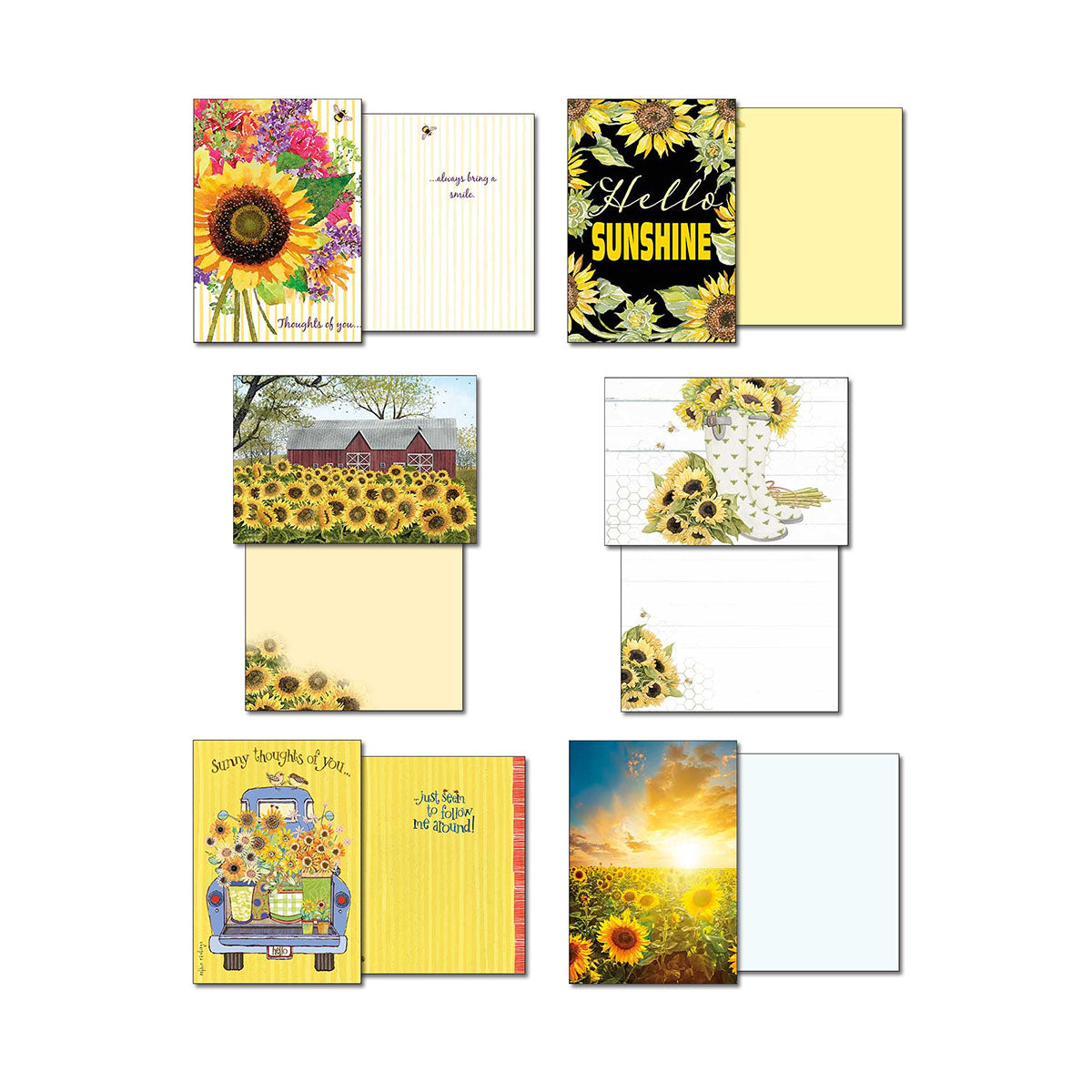 Four diverse sunflower greeting card fronts and their blank interiors. Designs include a rustic red barn in a sunflower field, a sunflower-filled white boot, a vintage blue truck with 'Sunny Thoughts of You', and a bold 'Hello Sunshine' card on a dark background.