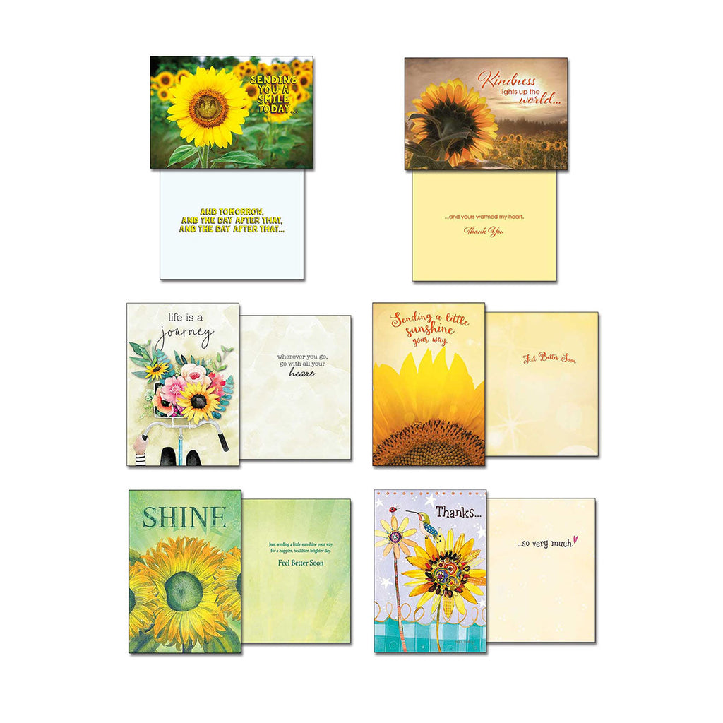 Four more open sunflower greeting cards showcasing a range of messages: 'Sending a little smile today', 'Kindness lights up the world', 'Life is a journey', and 'Shine'. Features various sunflower artistry and positive sentiments with blank interiors.