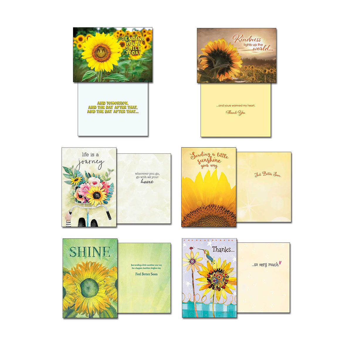A selection of open Leanin' Tree greeting cards with sunflower art and various uplifting messages inside.