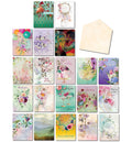 Large assortment of 20 diverse greeting cards for all occasions, featuring vibrant floral designs, elegant butterflies, and an included envelope, suitable for birthday, thank you, sympathy, and more.