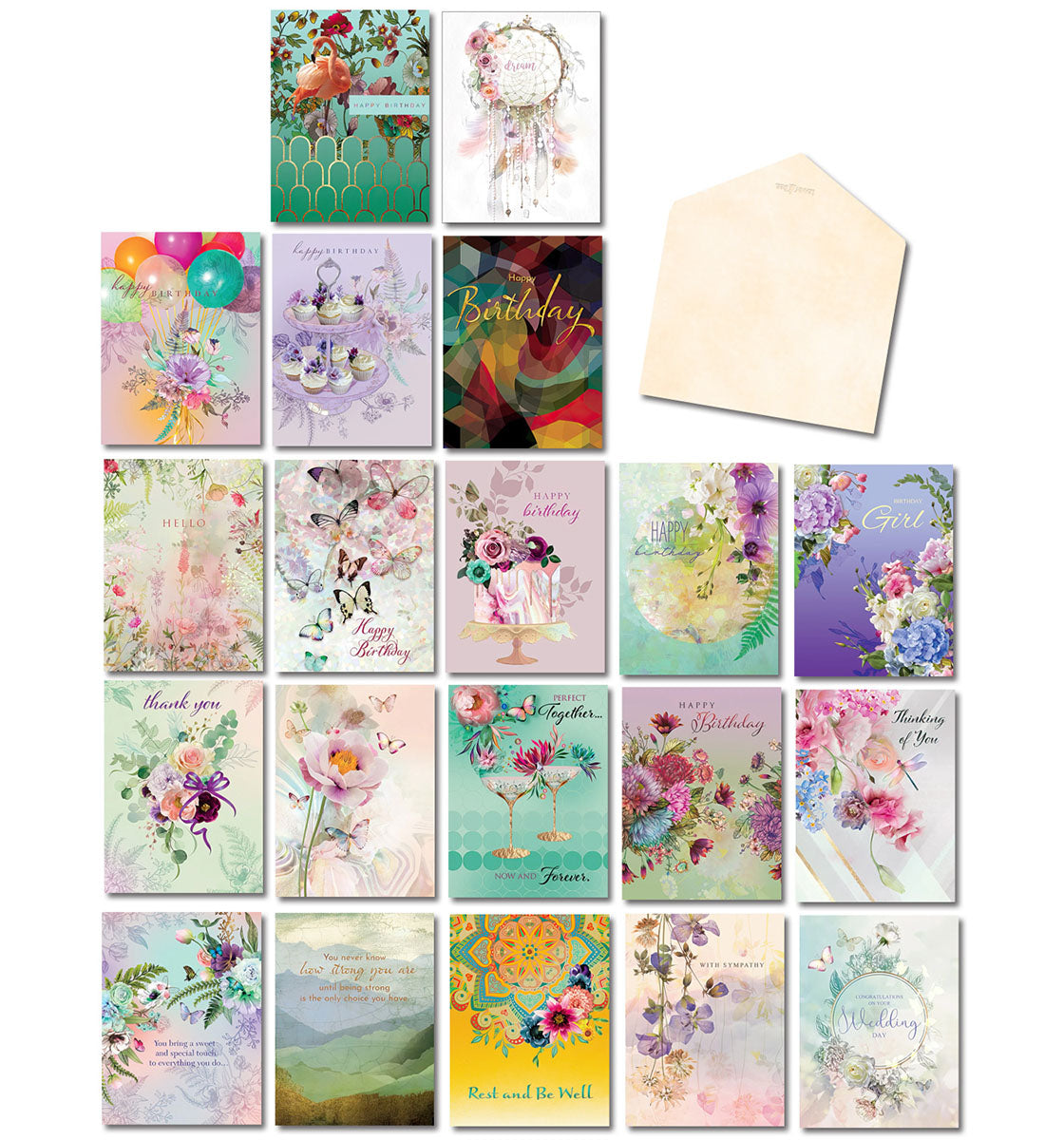 Large assortment of 20 diverse greeting cards for all occasions, featuring vibrant floral designs, elegant butterflies, and an included envelope, suitable for birthday, thank you, sympathy, and more.