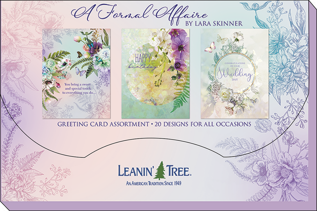 Decorative packaging sleeve for Leanin' Tree 'A Formal Affaire' greeting card assortment, showing three sample cards with floral designs and text '20 Designs for All Occasions'.