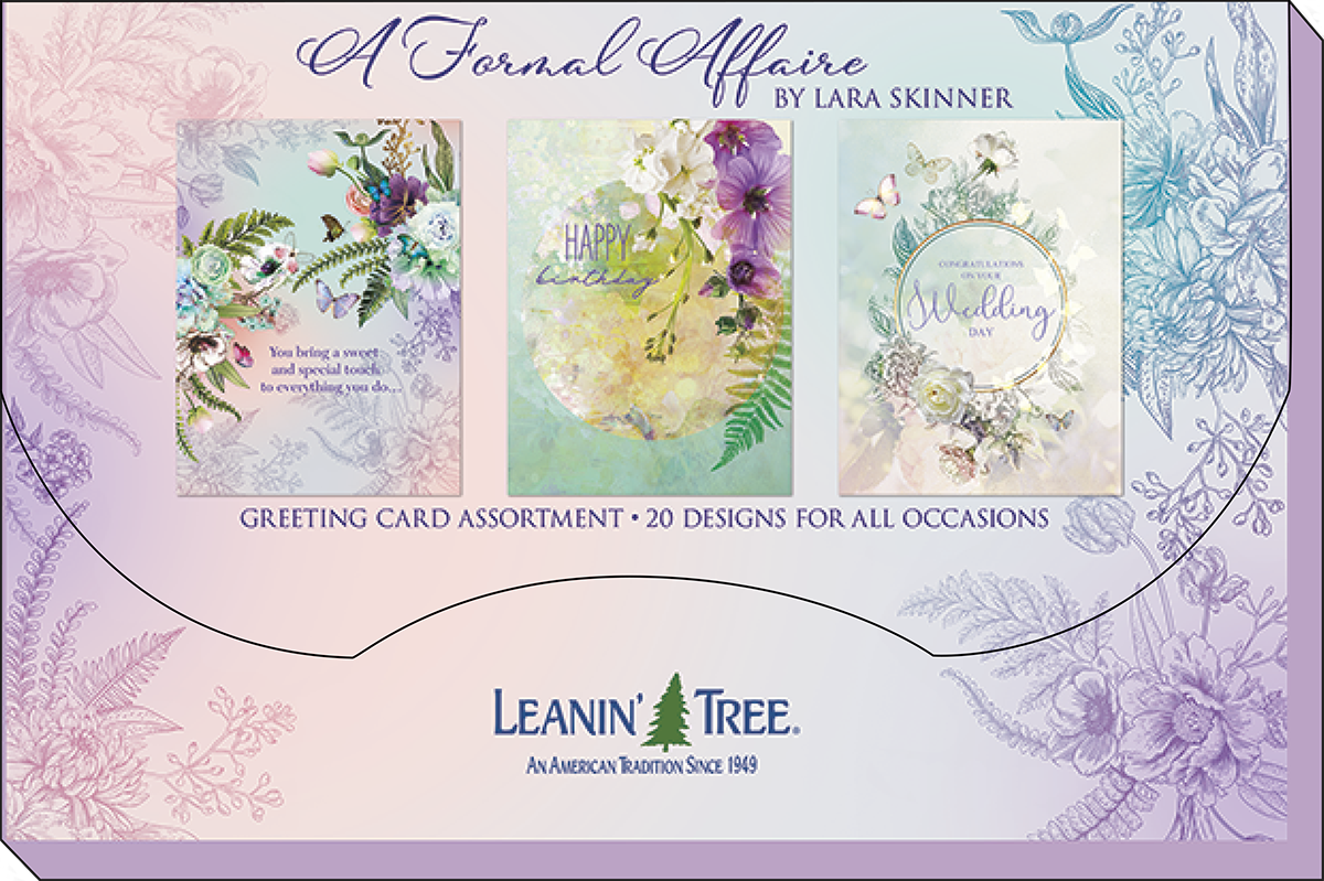 Decorative packaging sleeve for Leanin' Tree 'A Formal Affaire' greeting card assortment, showing three sample cards with floral designs and text '20 Designs for All Occasions'.