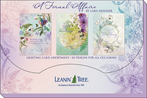 Decorative packaging sleeve for Leanin' Tree 'A Formal Affaire' greeting card assortment, showing three sample cards with floral designs and text '20 Designs for All Occasions'.