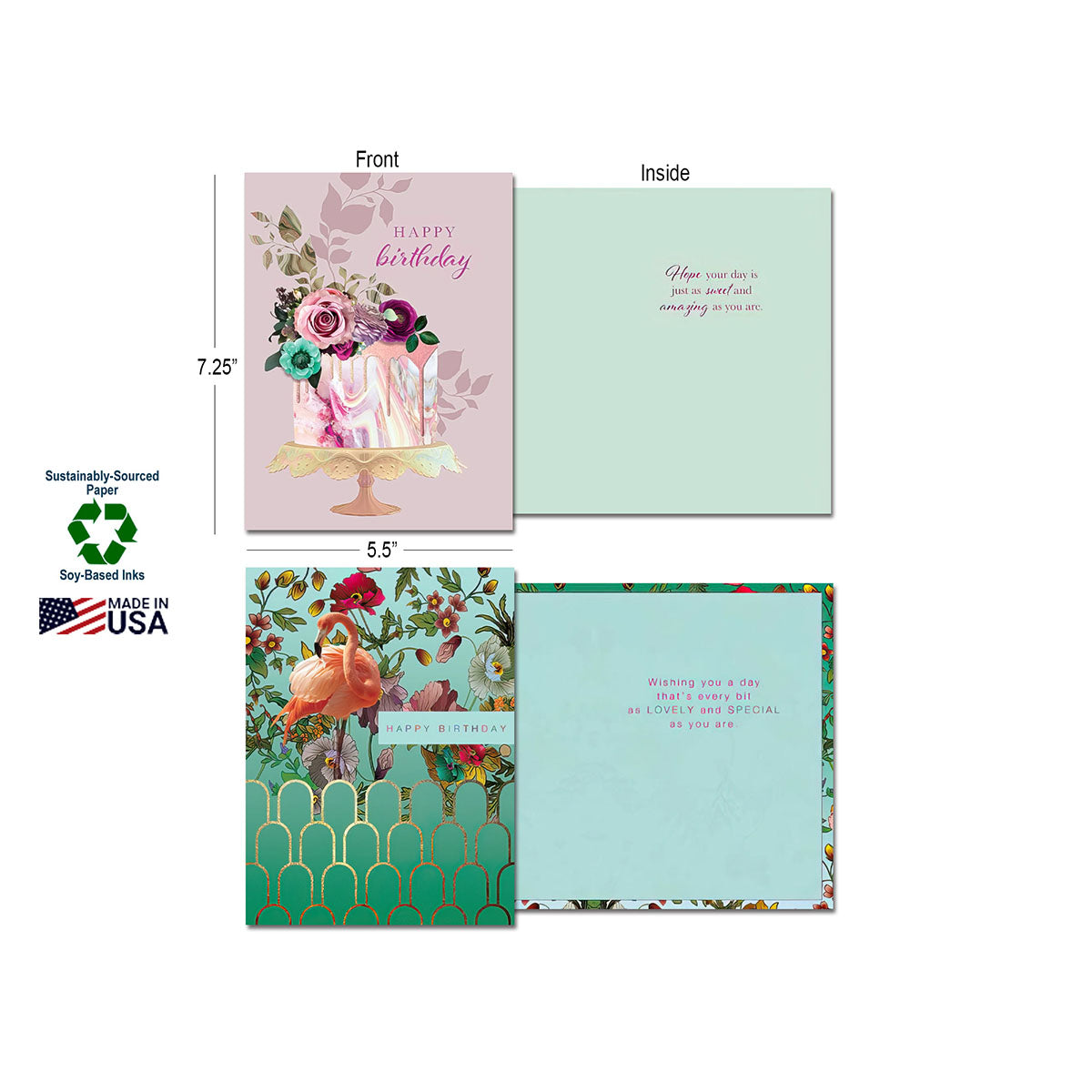 Detailed view of a greeting card set showing front and inside designs (7.25 x 5.5 inches), highlighting 'Sustainably-Sourced Paper', 'Soy-Based Inks', and 'Made in USA' certifications.