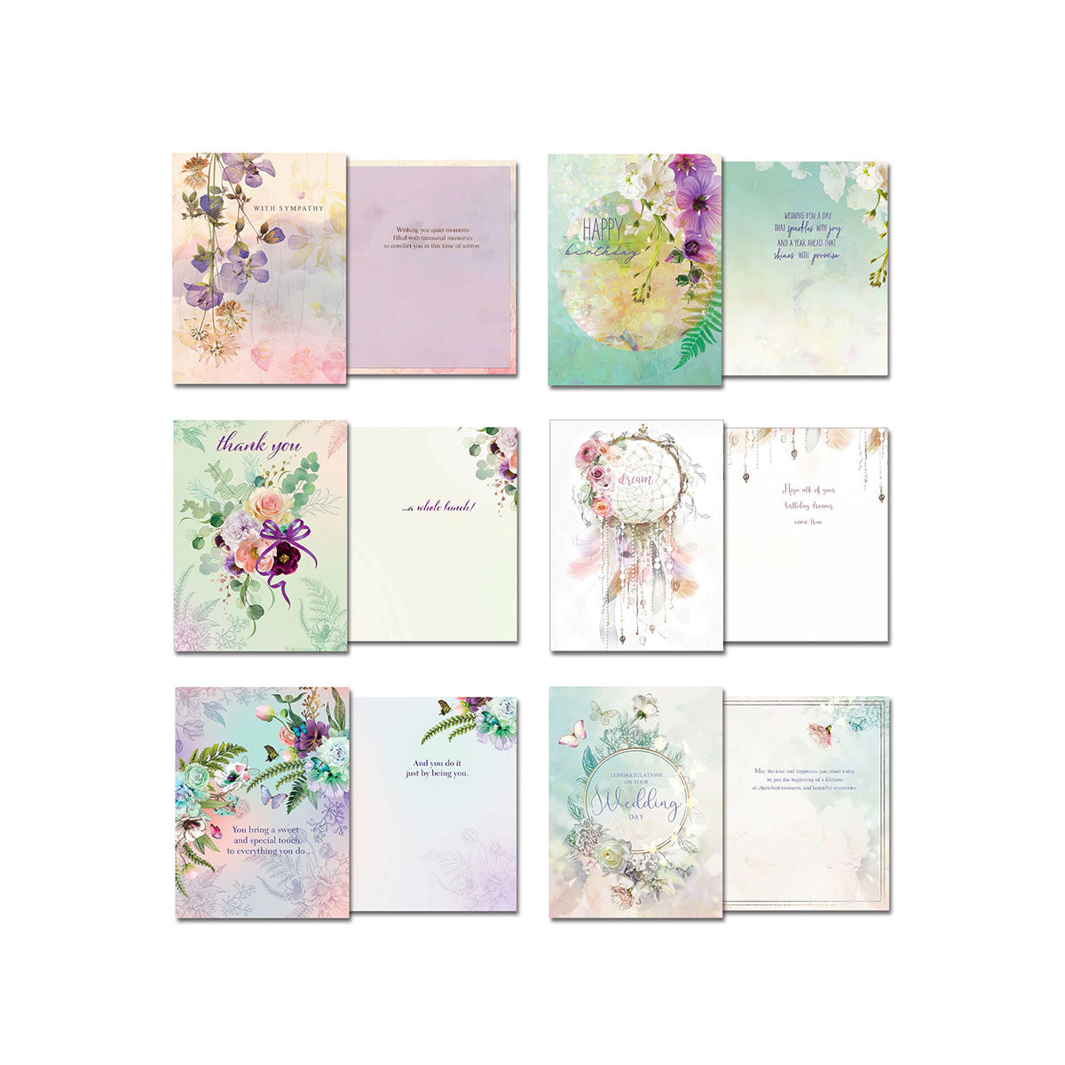 Spread of eight open greeting cards revealing both outer floral designs and thoughtful interior messages for various occasions including sympathy, birthday, thank you, dream, and wedding.