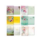 Eight open greeting cards showcasing diverse inside messages like 'Happy Birthday', 'Thinking of You', 'Rest and Be Well', 'Perfect Together', and uplifting quotes, with botanical and artistic motifs.