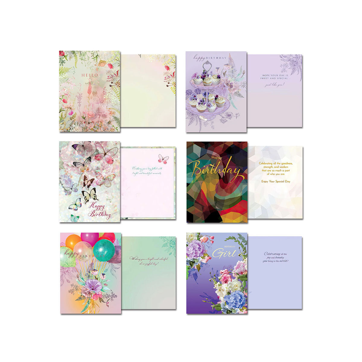 Collection of eight open greeting cards showing front and inside messages for occasions like 'Hello', 'Happy Birthday' (with cupcakes, geometric patterns, balloons), and 'Birthday Girl', all with rich floral details.